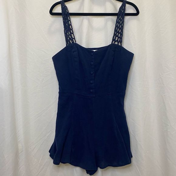 Peter Jensen navy blue romper with crochet straps & cute button detail, size S